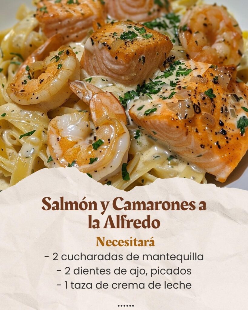 Salmón y Camarones en Salsa Alfredo