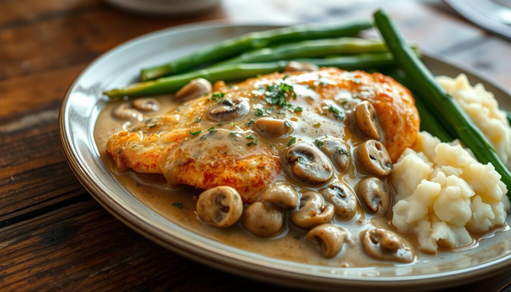 Pollo con champiñones y crema