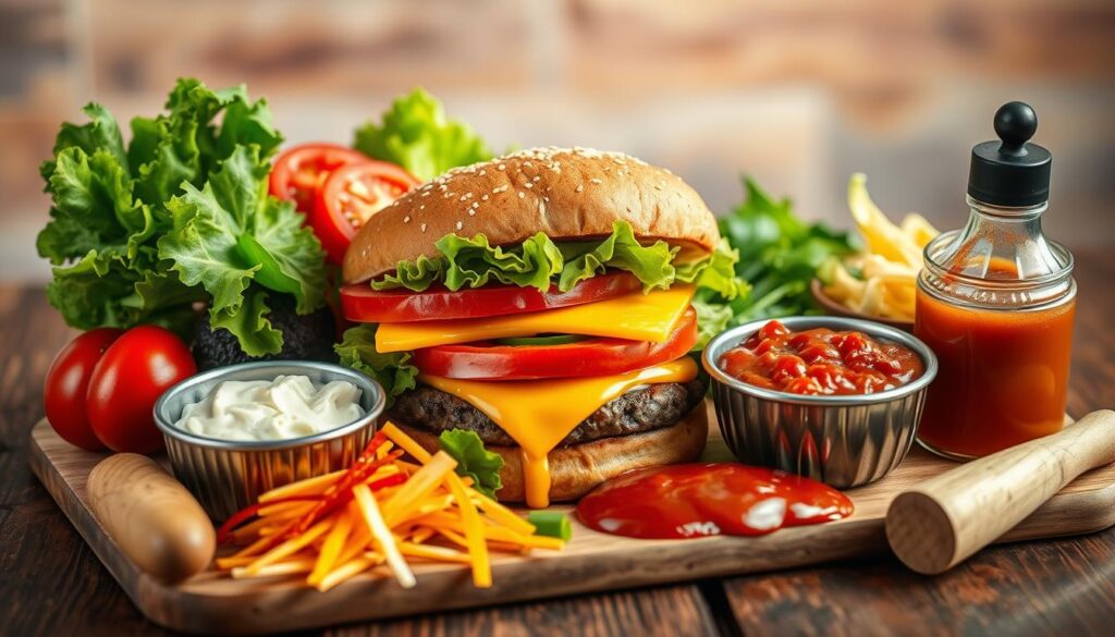 Variedad de aderezos y coberturas para hamburguesas