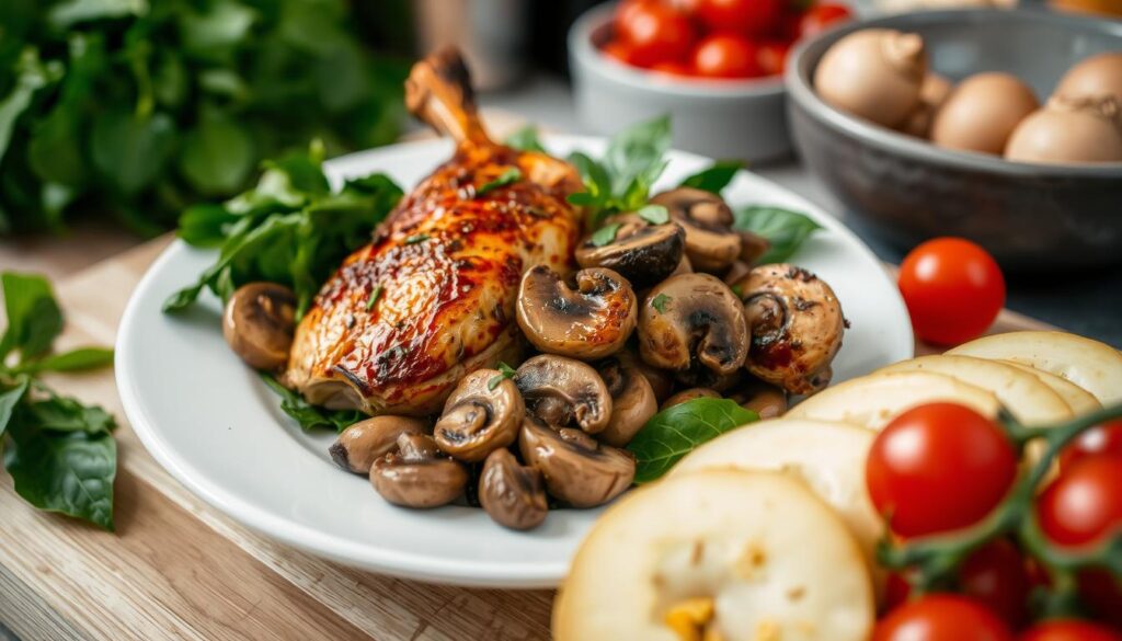 beneficios de pollo y champiñones