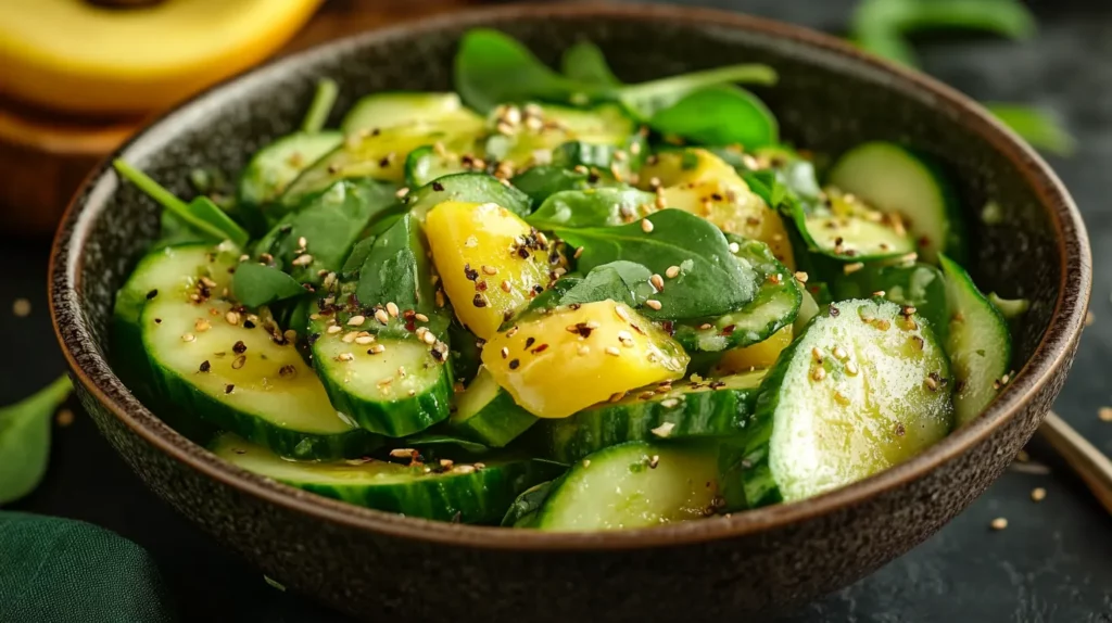 Ensalada de Pepino Aguacate y Espinacas con Aderezo de Ajo