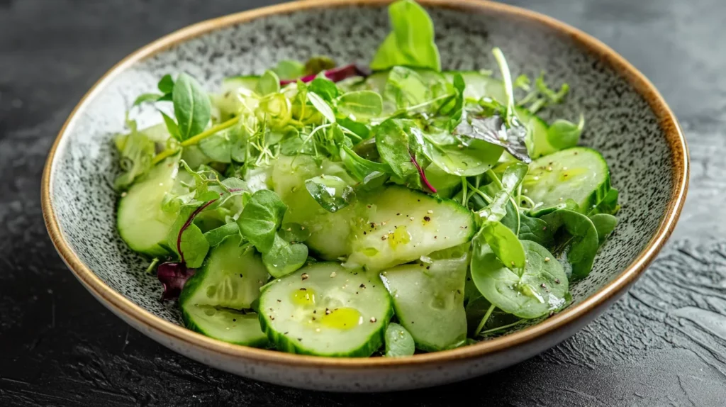 Ensalada de Pepino Aguacate y Espinacas con Aderezo de Ajo
