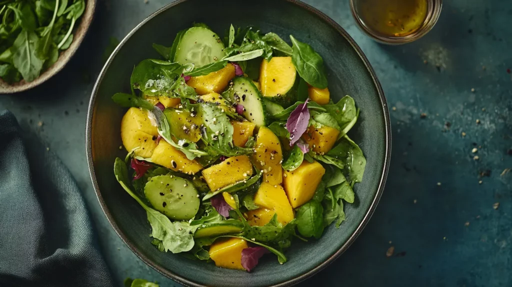 Ensalada Refrescante de Pepino Mango y Chía con Vinagreta de Maracuyá