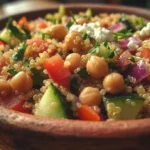 Ensalada Mediterránea de Quinoa Garbanzos y Salsa de Limón Cremosa