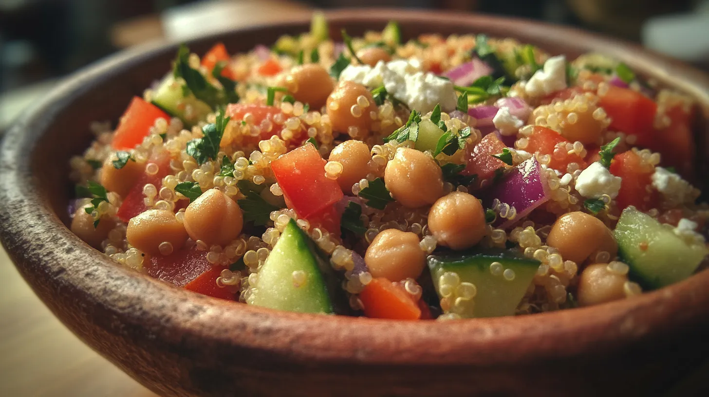 Ensalada Mediterránea de Quinoa Garbanzos y Salsa de Limón Cremosa