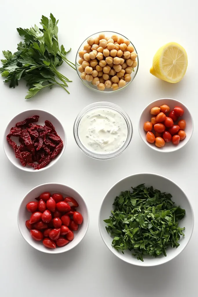 Ensalada de Garbanzos con Feta Tomates Secos y Salsa de Yogur al Limón