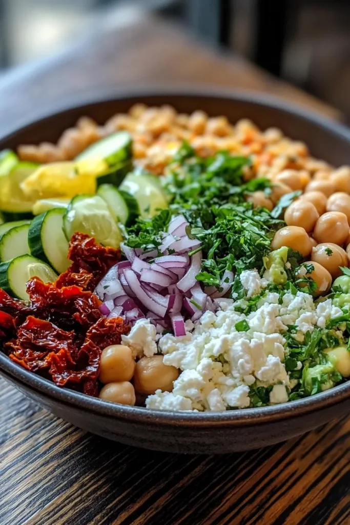 Ensalada de Garbanzos con Feta Tomates Secos y Salsa de Yogur al Limón