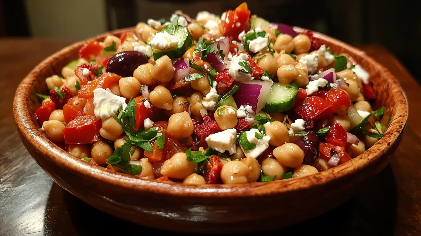 Ensalada de Garbanzos con Feta Tomates Secos y Salsa de Yogur al Limón