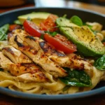 Pasta de Tornillo con Espinacas Pollo y Aguacate
