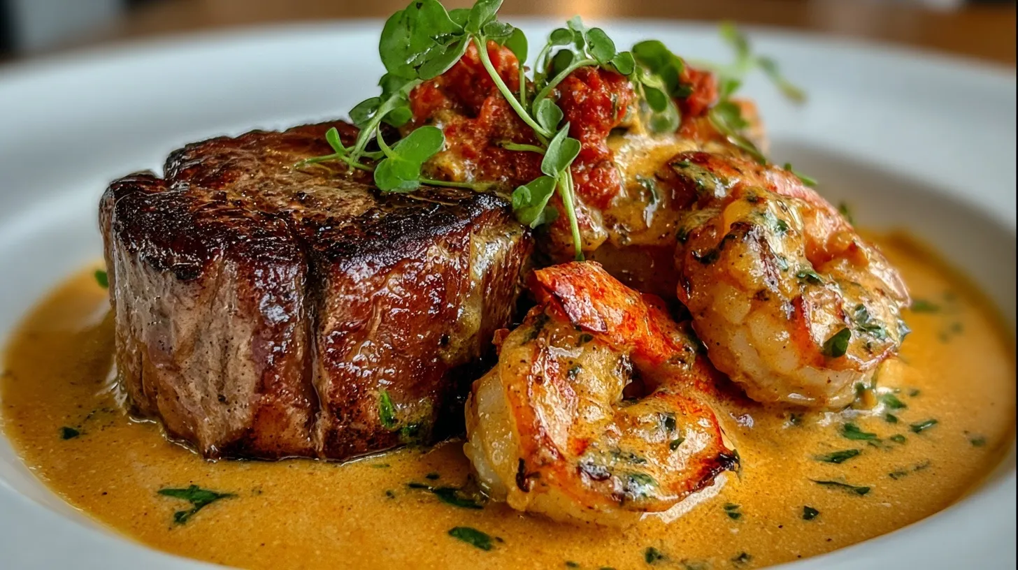 Filete Mignon con Camarones y Salsa de Crema de Langosta
