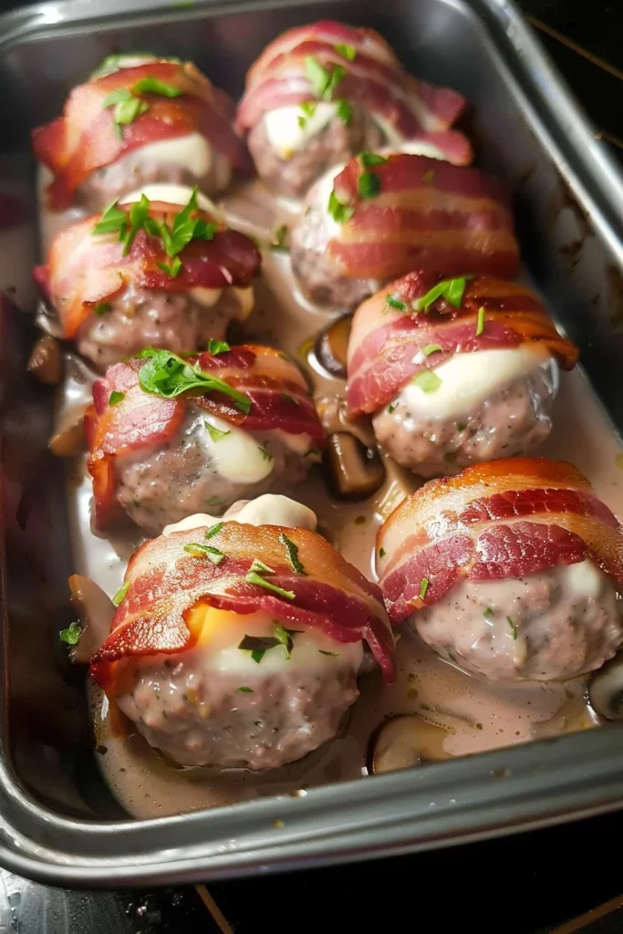 Albóndigas Rellenas de Queso Mozzarella Envueltas en Tocino Irresistibles