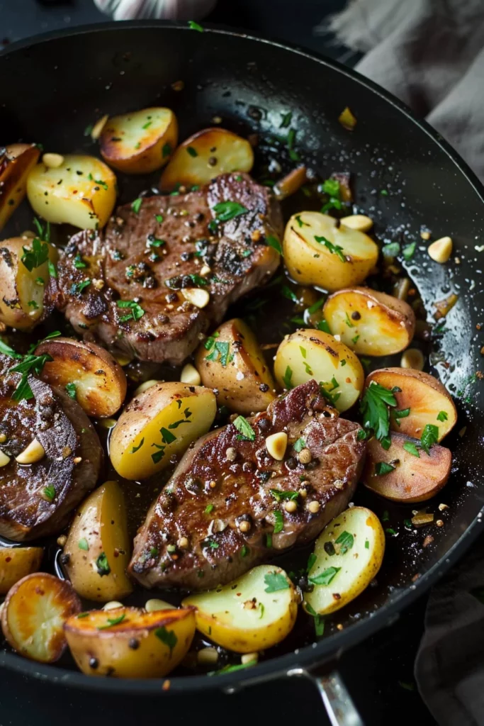 Bistec Con Ajo y Patatas en Sartén: ¡Sabor Explosivo en Cada Bocado!