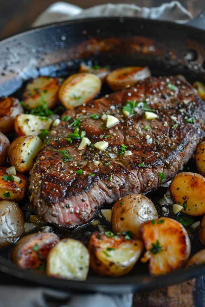 Bistec Con Ajo y Patatas en Sartén: ¡Sabor Explosivo en Cada Bocado!