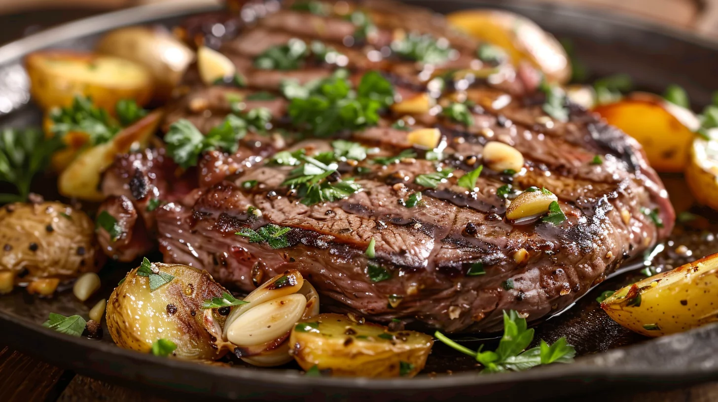 Bistec Con Ajo y Patatas en Sartén