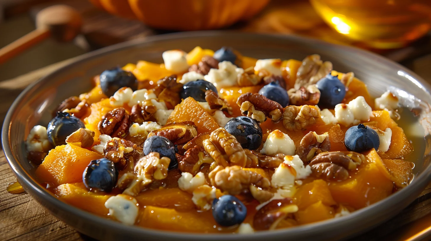 Calabaza Dulce Al Horno Con Miel Arándanos y Queso de Cabra