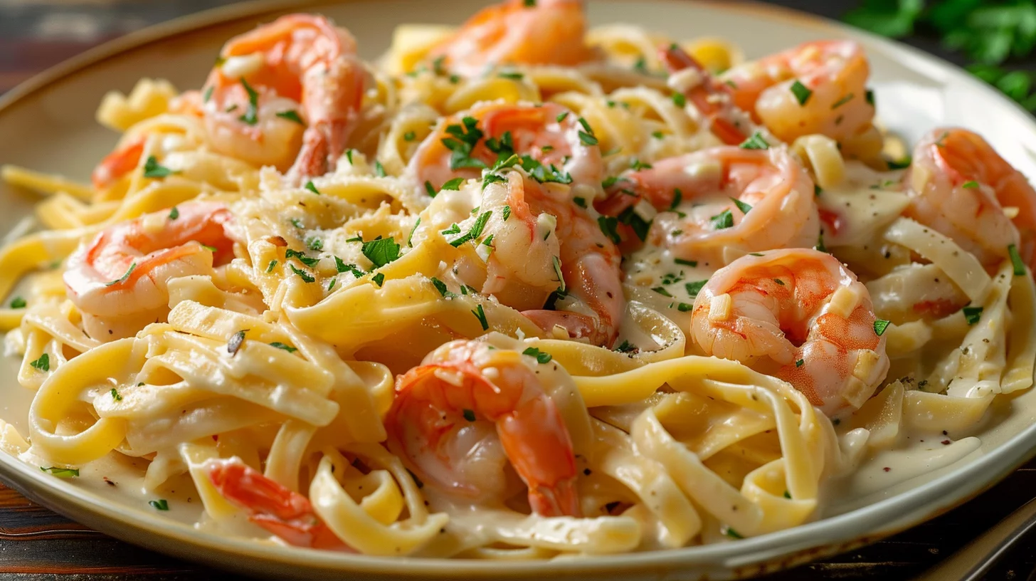 Pasta Con Camarones Al Ajillo Mantequilla y Toque Toscano