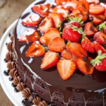 Torta de Chocolate Húmeda Con Ganache Brillante de Chocolate y Fresas Frescas