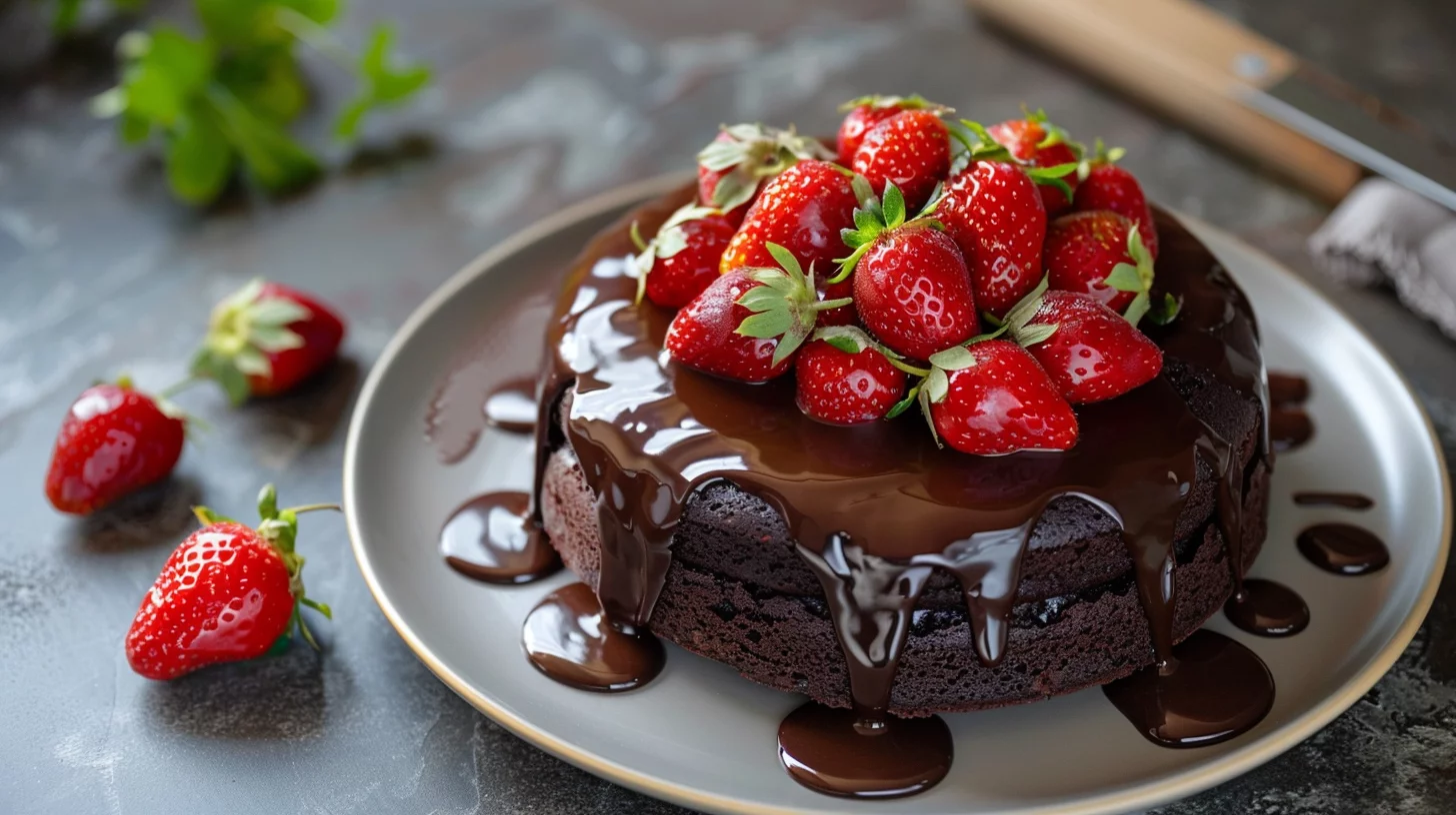 Torta de Chocolate Húmeda Con Ganache Brillante de Chocolate y Fresas Frescas