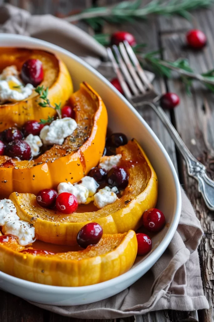 Calabaza Otoñal Al Horno Con Miel Dorada Arándanos y Queso de Cabra Cremoso