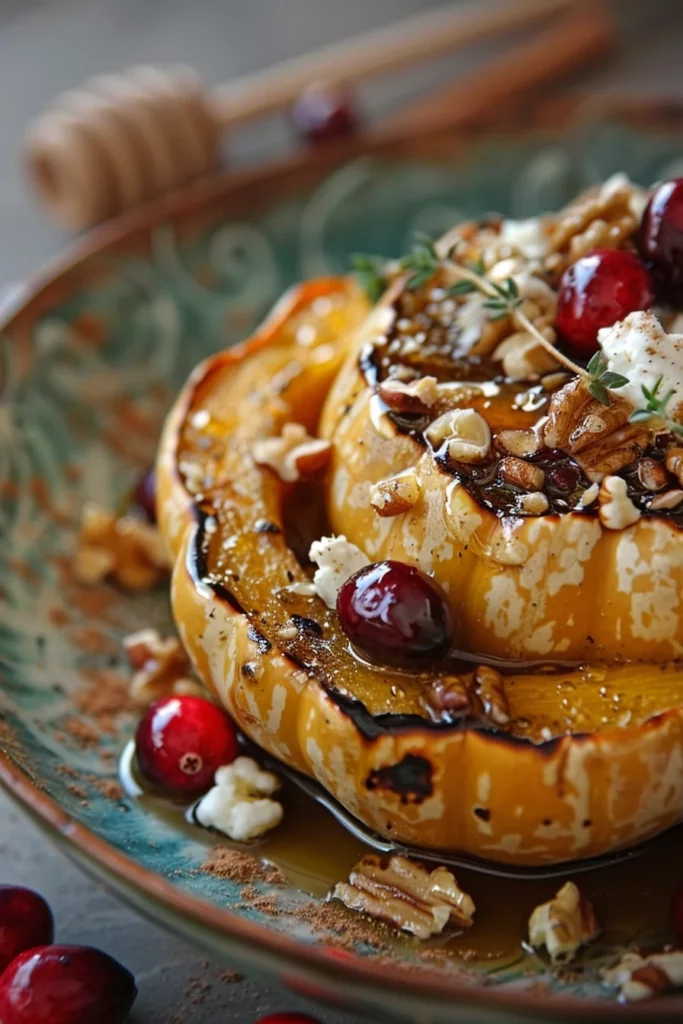 Calabaza Otoñal Al Horno Con Miel Dorada Arándanos y Queso de Cabra Cremoso