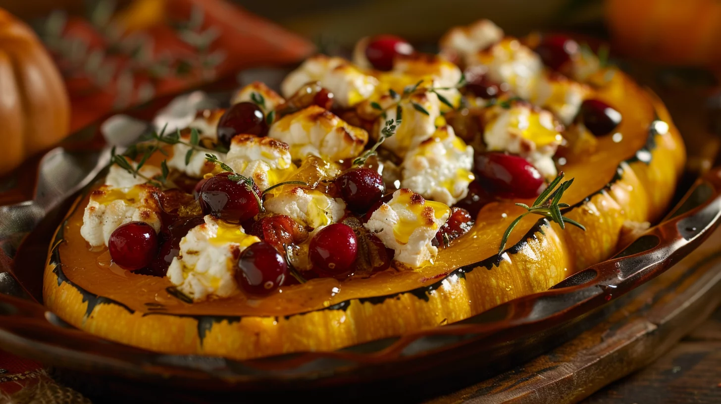 Calabaza Otoñal Al Horno Con Miel Dorada Arándanos y Queso de Cabra Cremoso