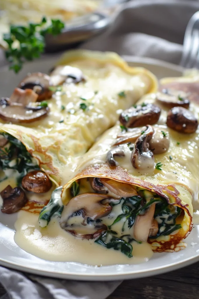 Crepas Gratinadas de Champiñones y Espinacas en Salsa Bechamel Suave - ¡Sabor Exquisito en Cada Bocado!