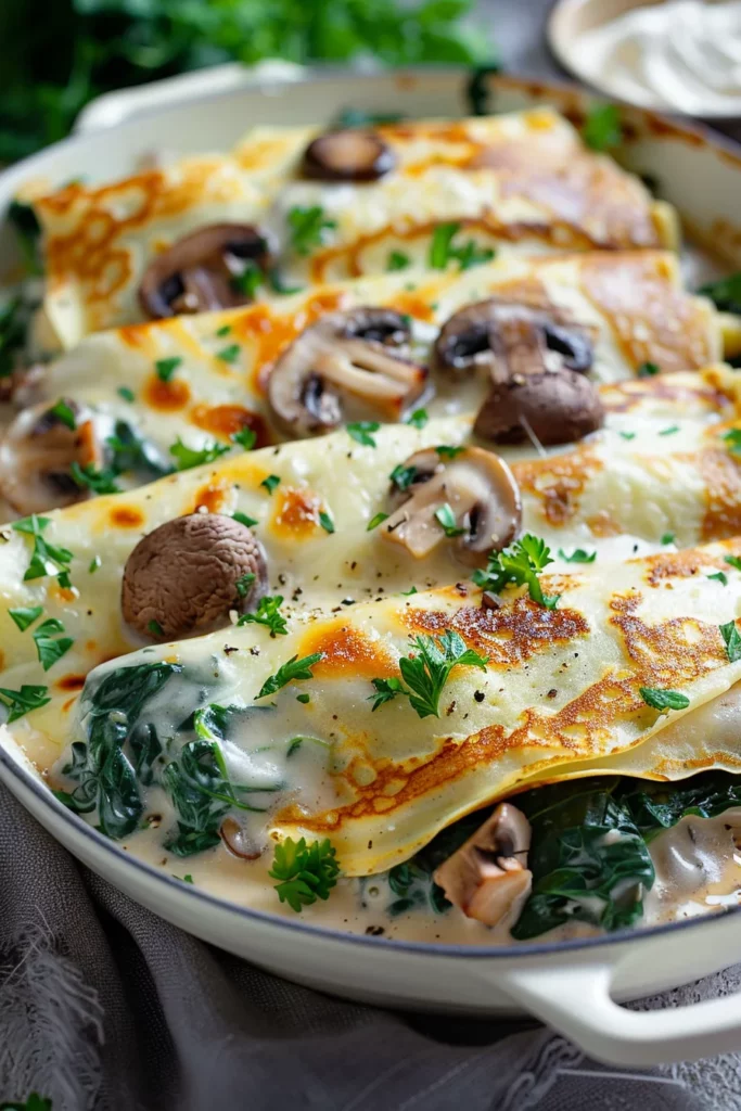 Crepas Gratinadas de Champiñones y Espinacas en Salsa Bechamel Suave - ¡Sabor Exquisito en Cada Bocado!