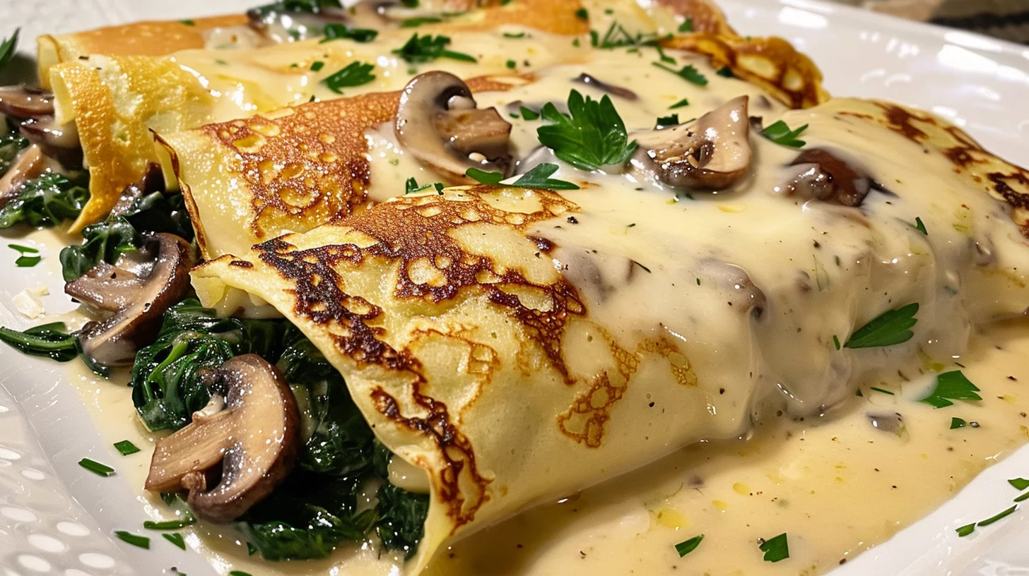Crepas Gratinadas de Champiñones y Espinacas en Salsa Bechamel Suave