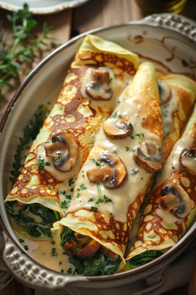 Crepas Rellenas de Espinacas y Champiñones Con Salsa Bechamel: ¡Exquisita Fusión de Sabores!