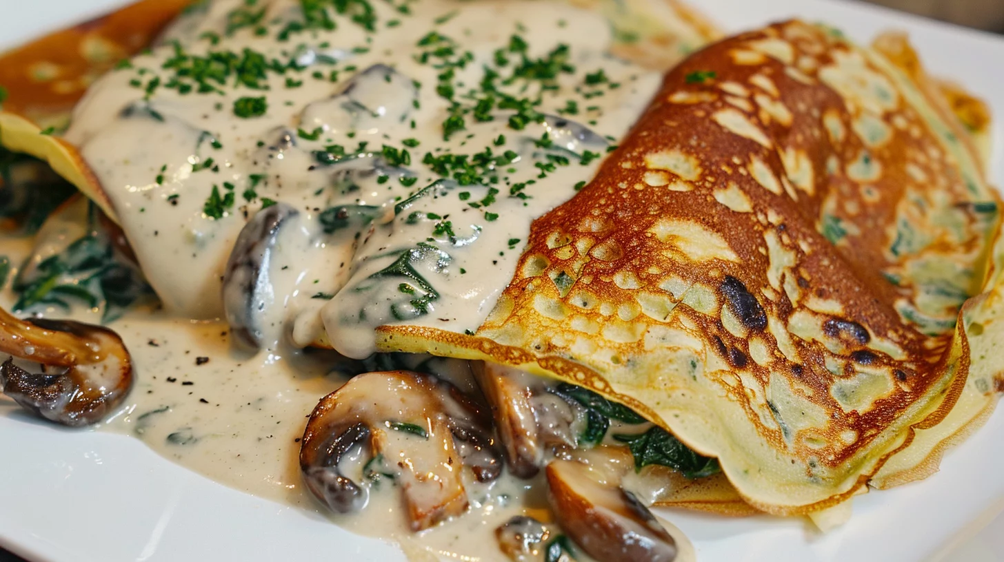 "Crepas Rellenas de Espinacas y Champiñones Con Salsa Bechamel