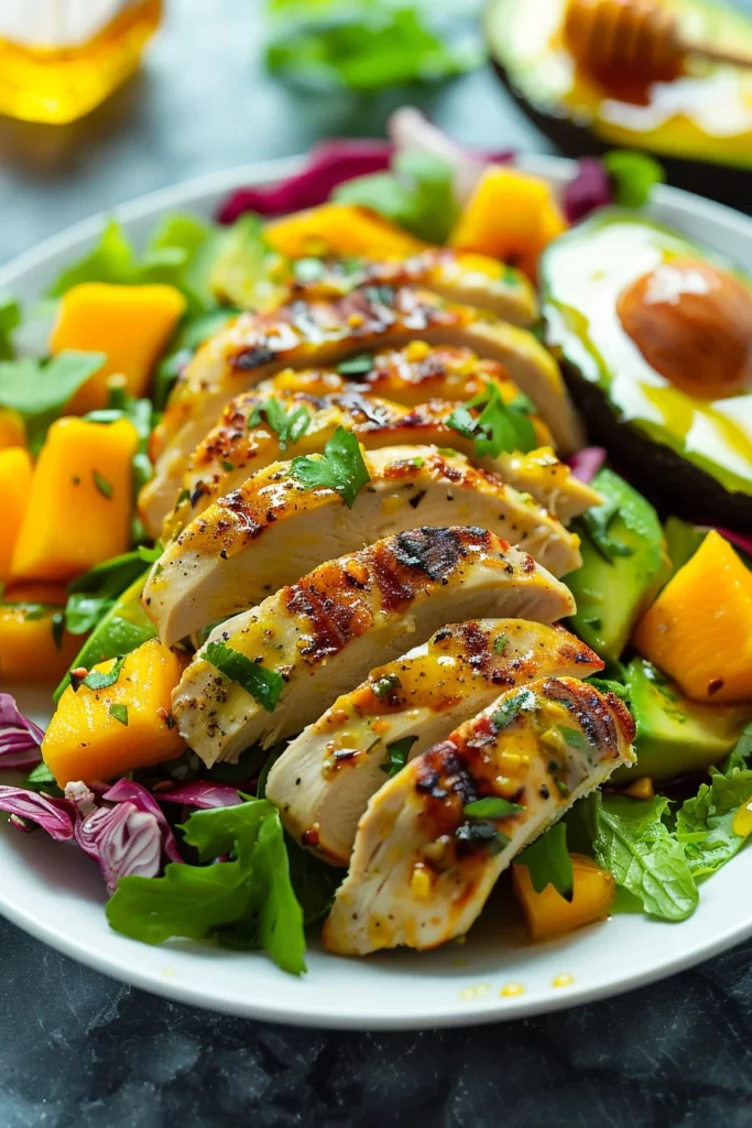 Ensalada de Mango Aguacate y Pollo Con Aliño de Mostaza y Miel: ¡Sabor Explosivo en Cada Bocado!