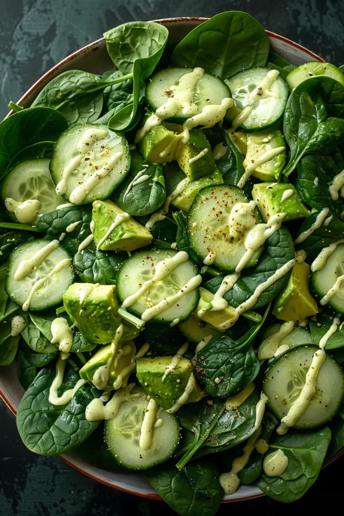 Ensalada Fresca de Espinacas Aguacate y Pepino Con Toque Cremoso de Ajo: ¡Sabor Excepcional en Cada Bocado!