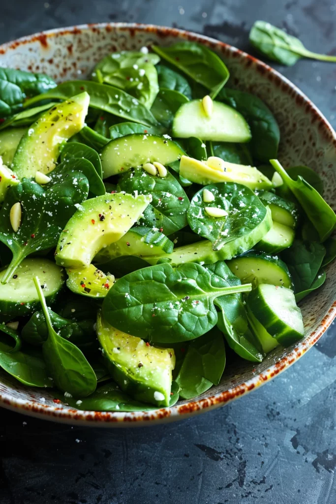 Ensalada Fresca de Espinacas Aguacate y Pepino Con Toque Cremoso de Ajo: ¡Sabor Excepcional en Cada Bocado!