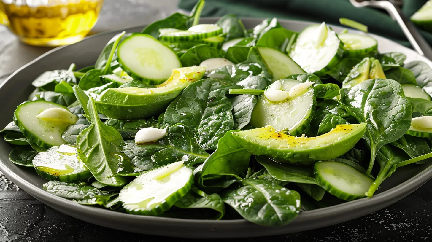 Ensalada Fresca de Espinacas Aguacate y Pepino Con Toque Cremoso de Ajo