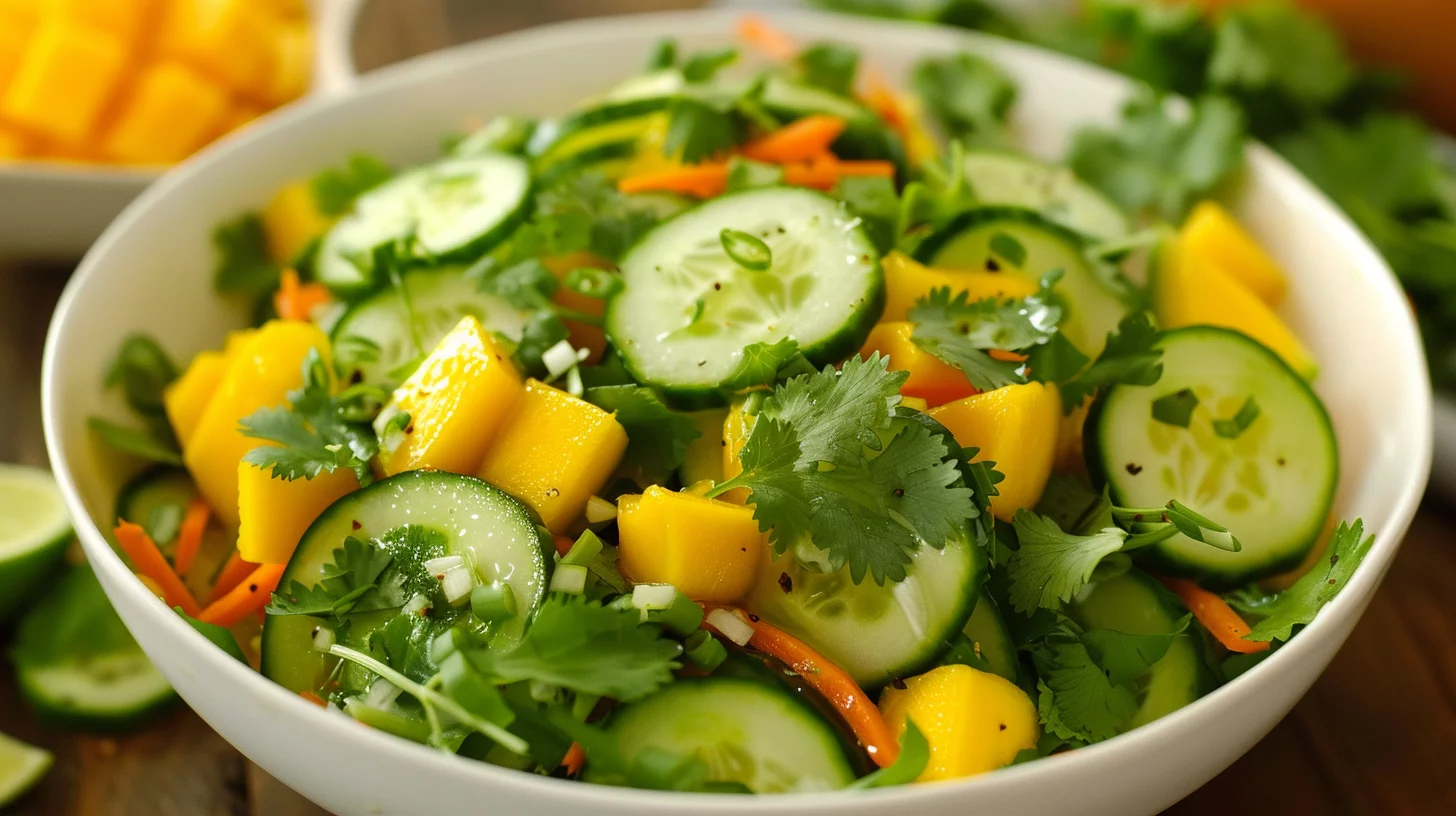 Ensalada Refrescante de Pepino Mango y Zanahoria Con Aderezo de Lima
