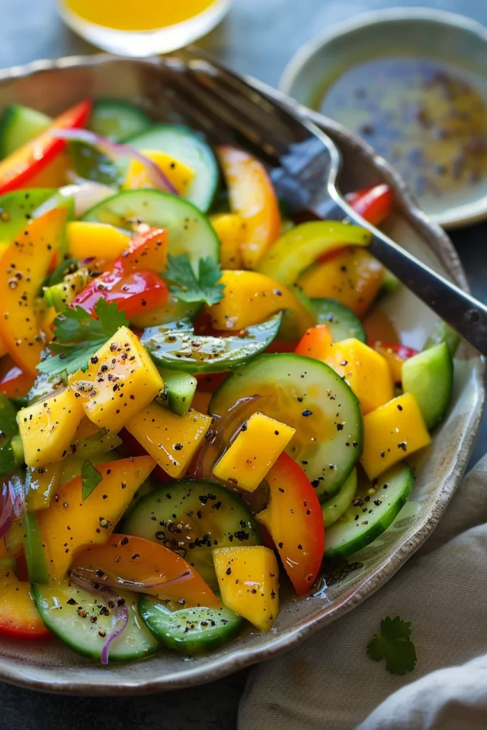 Ensalada Tropical de Mango Pepino y Pimiento Con Vinagreta de Jengibre: ¡Explosión de Sabores!