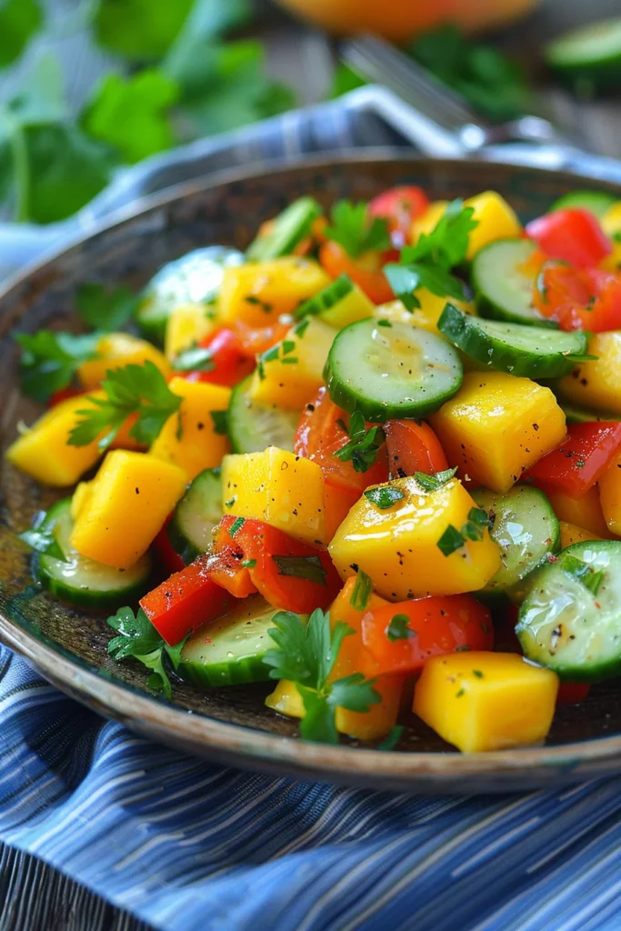 Ensalada Tropical de Mango Pepino y Pimiento Con Vinagreta de Jengibre: ¡Explosión de Sabores!