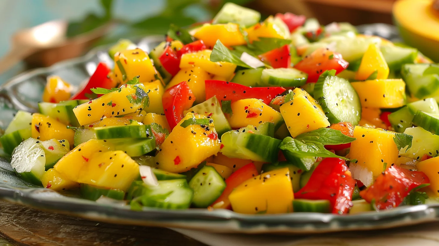 Ensalada Tropical de Mango Pepino y Pimiento Con Vinagreta de Jengibre