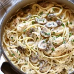 Espaguetis Alfredo Cremosos Con Pollo Ajo y Champiñones