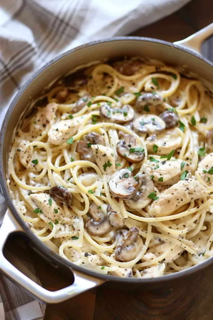 Espaguetis Alfredo Cremosos Con Pollo Ajo y Champiñones: Exquisita Fusión de Sabores