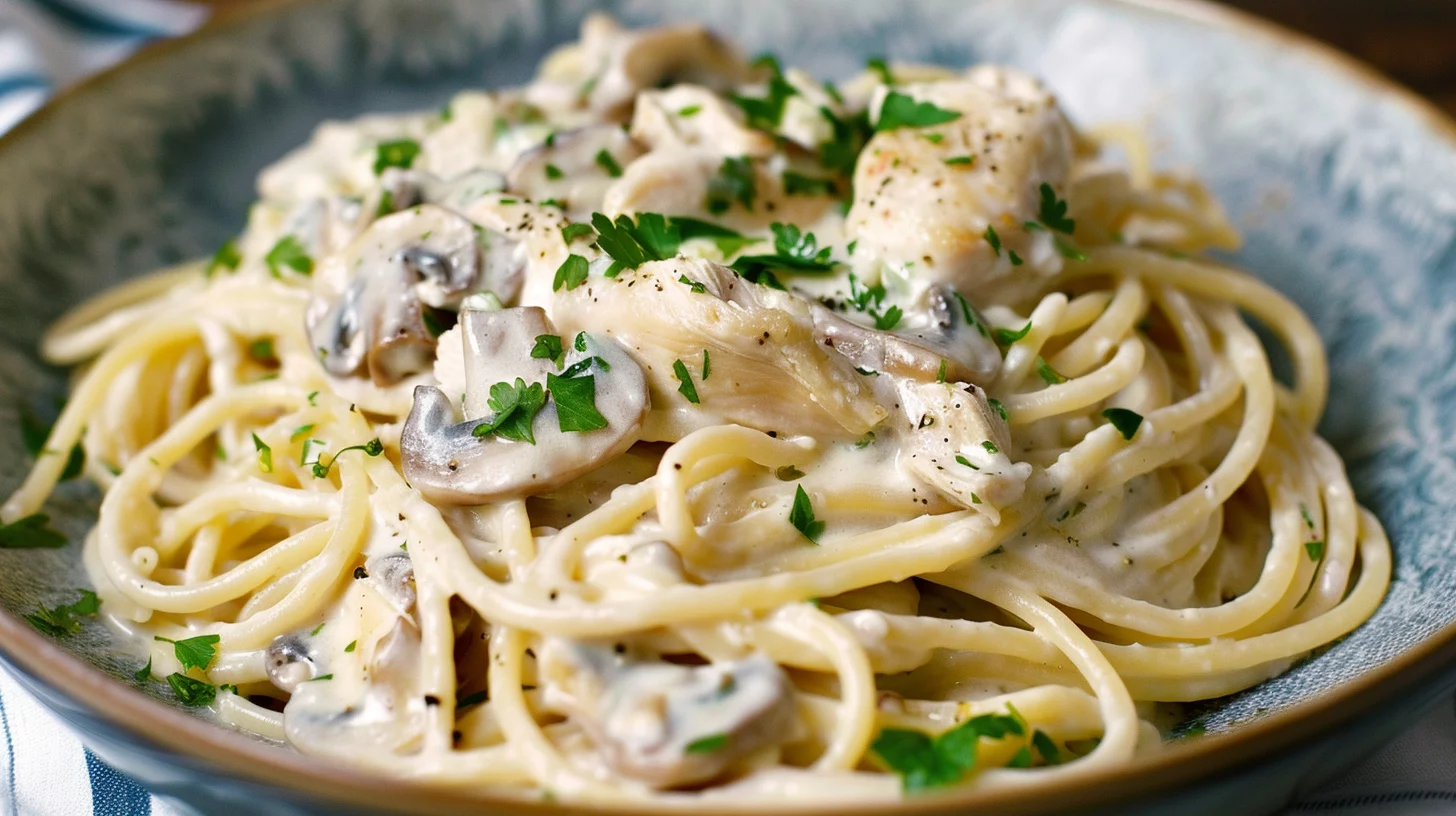 Espaguetis Alfredo Cremosos Con Pollo Ajo y Champiñones