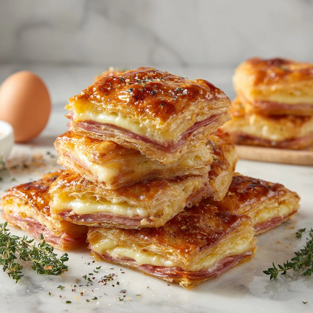 Apilados de hojaldre con jamón y queso frescos y dorados