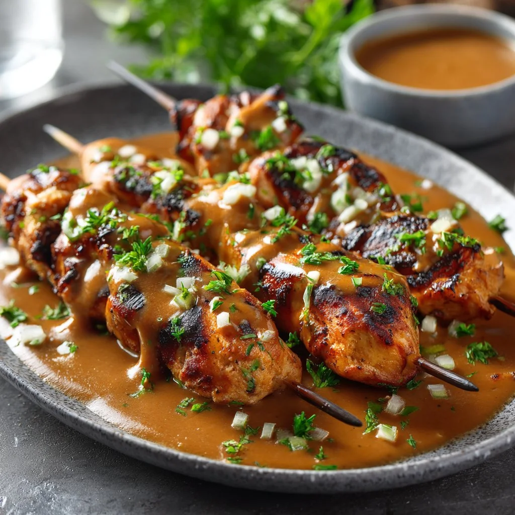 Brochetas de Pollo Bang Bang con salsa picante y verduras frescas.