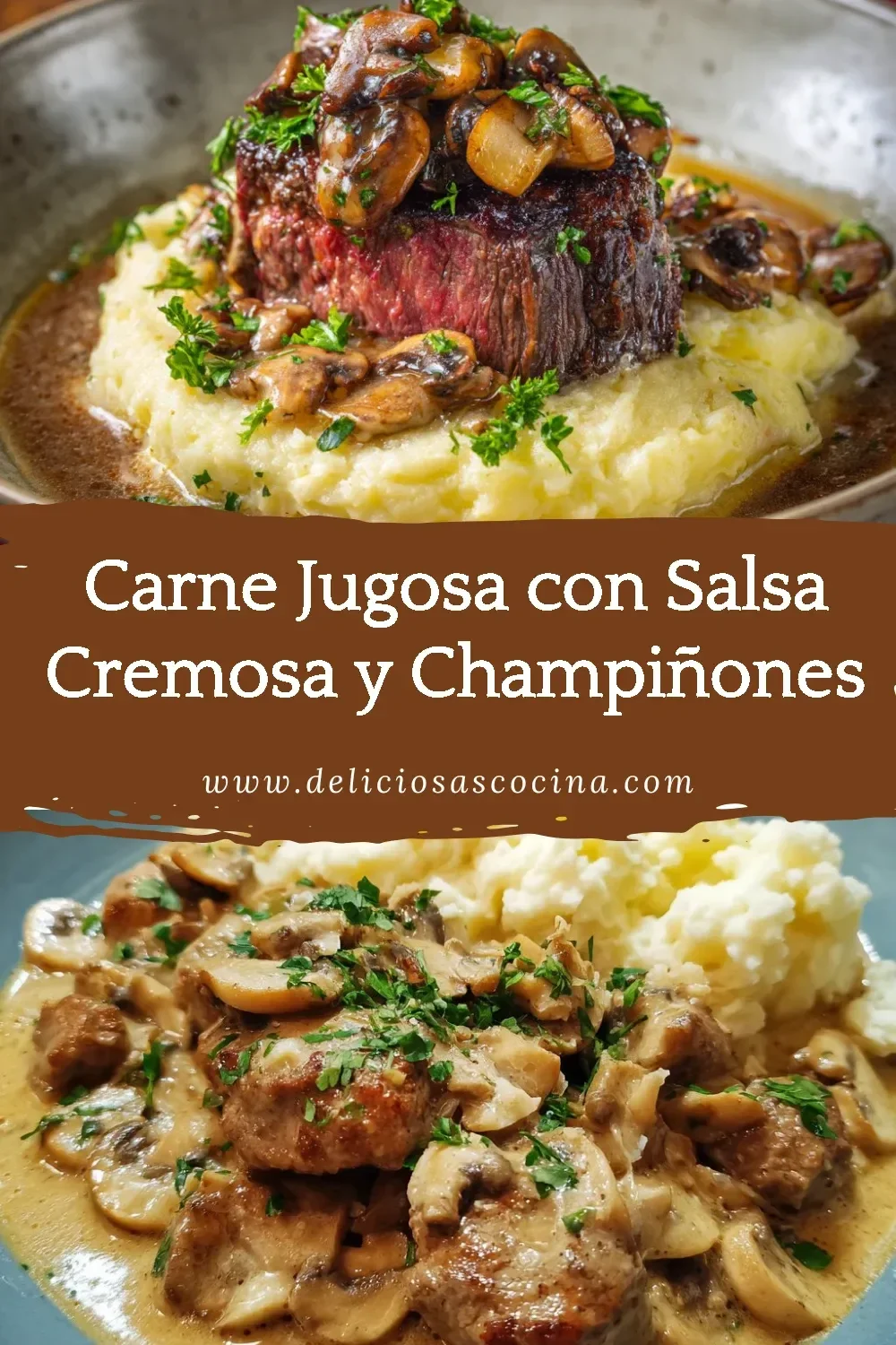 Carne Jugosa con Salsa Cremosa y Champiñones en un plato
