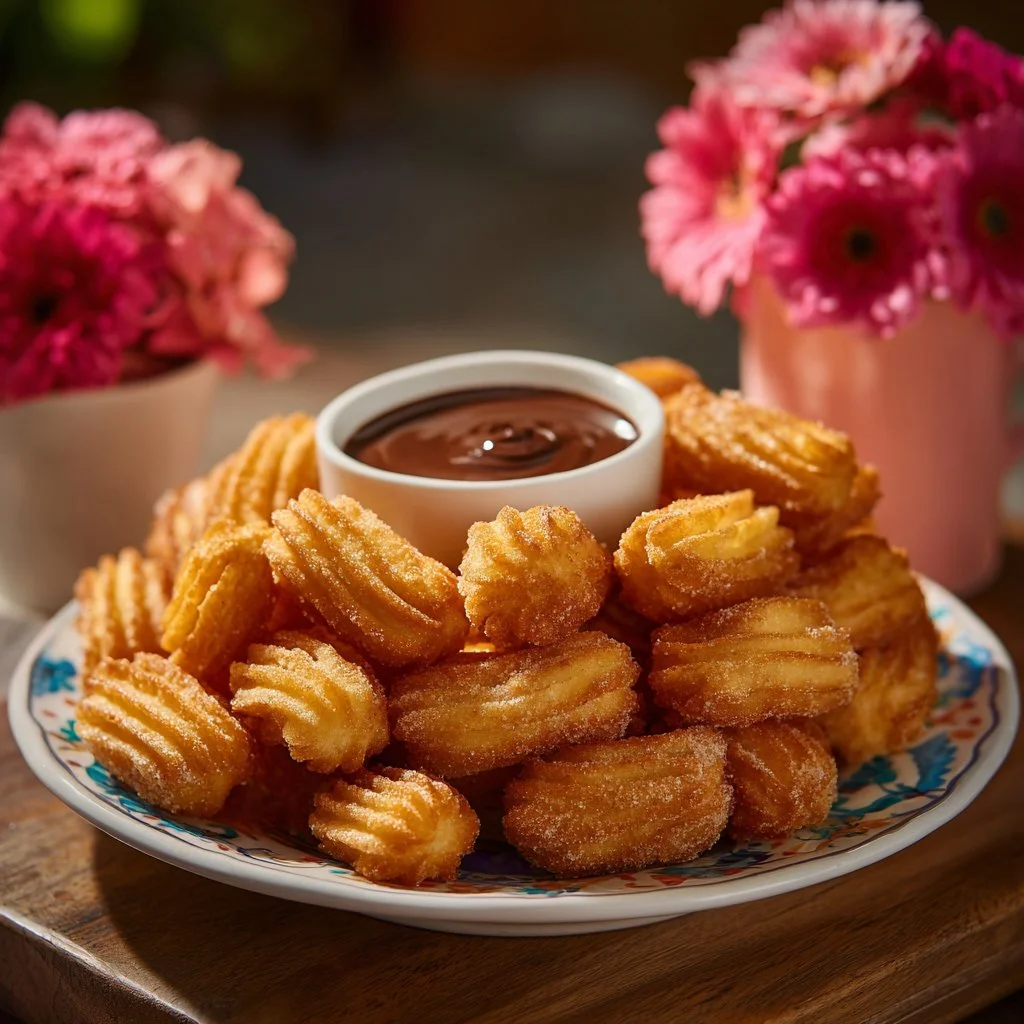 Churros mini caseros recién preparados, dorados y crujientes, listos para disfrutar.