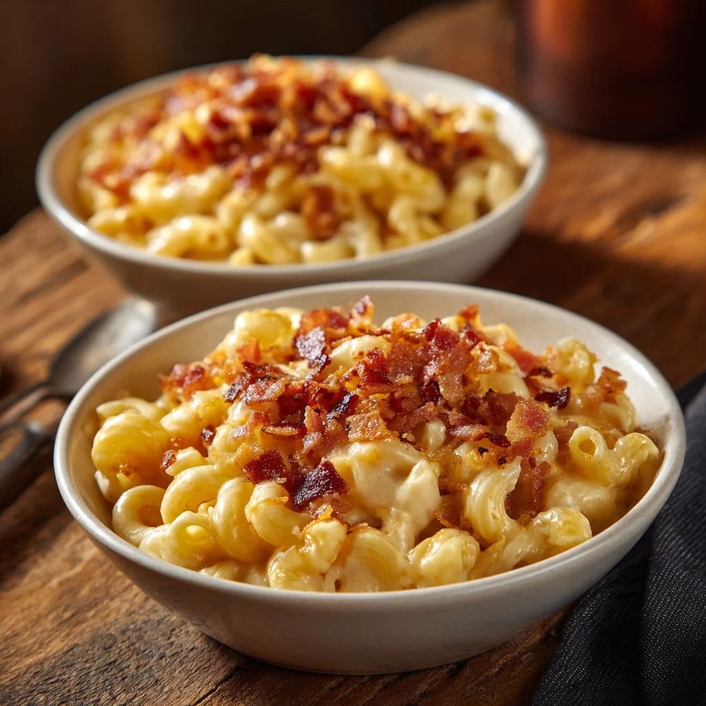 Macarrones con queso y tocino, un plato cremoso y sabroso.