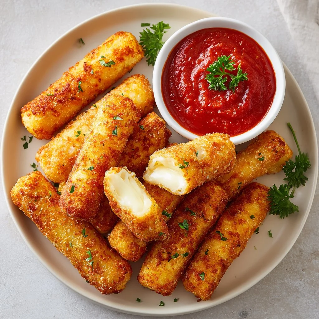 Deliciosos palitos de mozzarella fritos dorados y crujientes