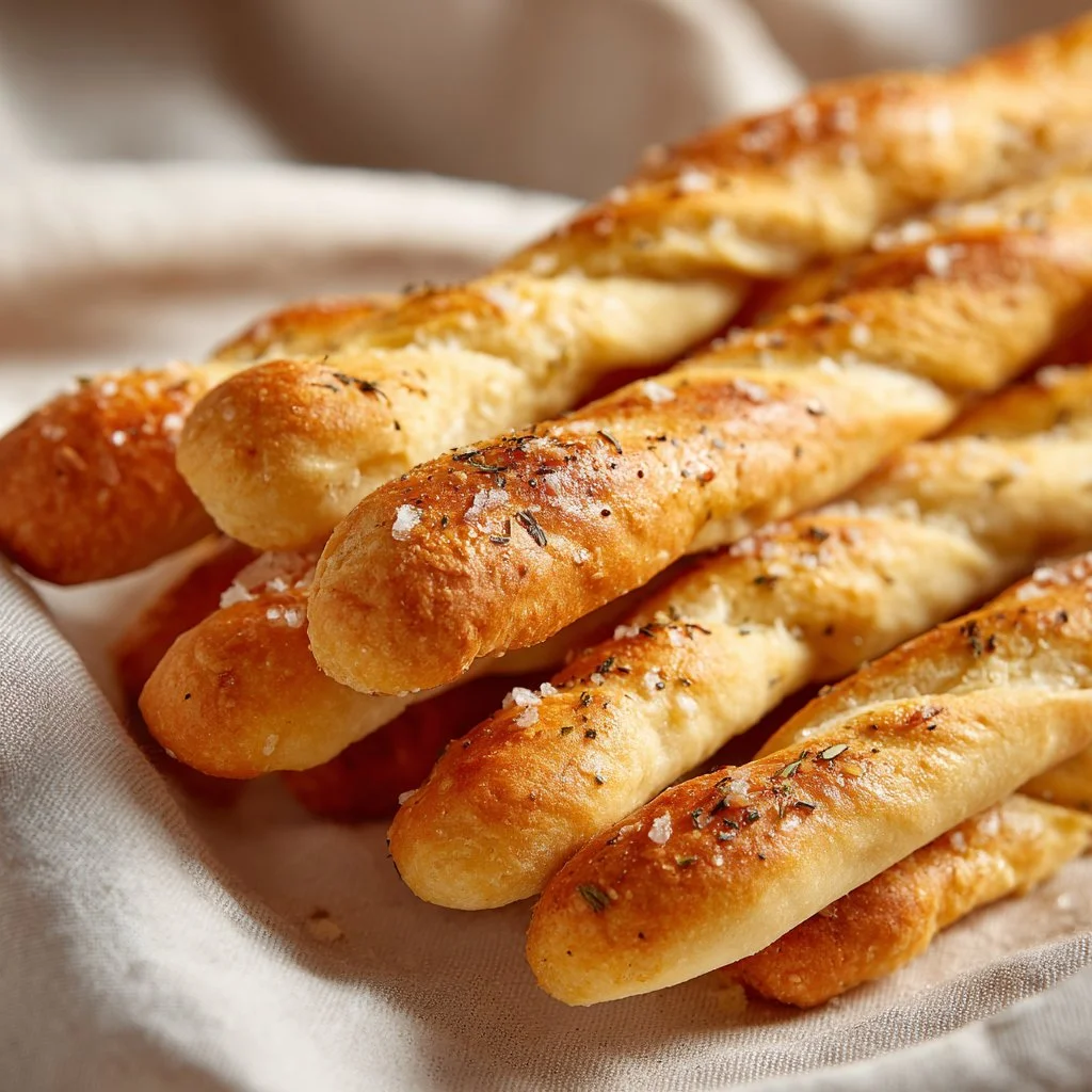 Palitos de pan suaves y mantecosos recién horneados en un plato.