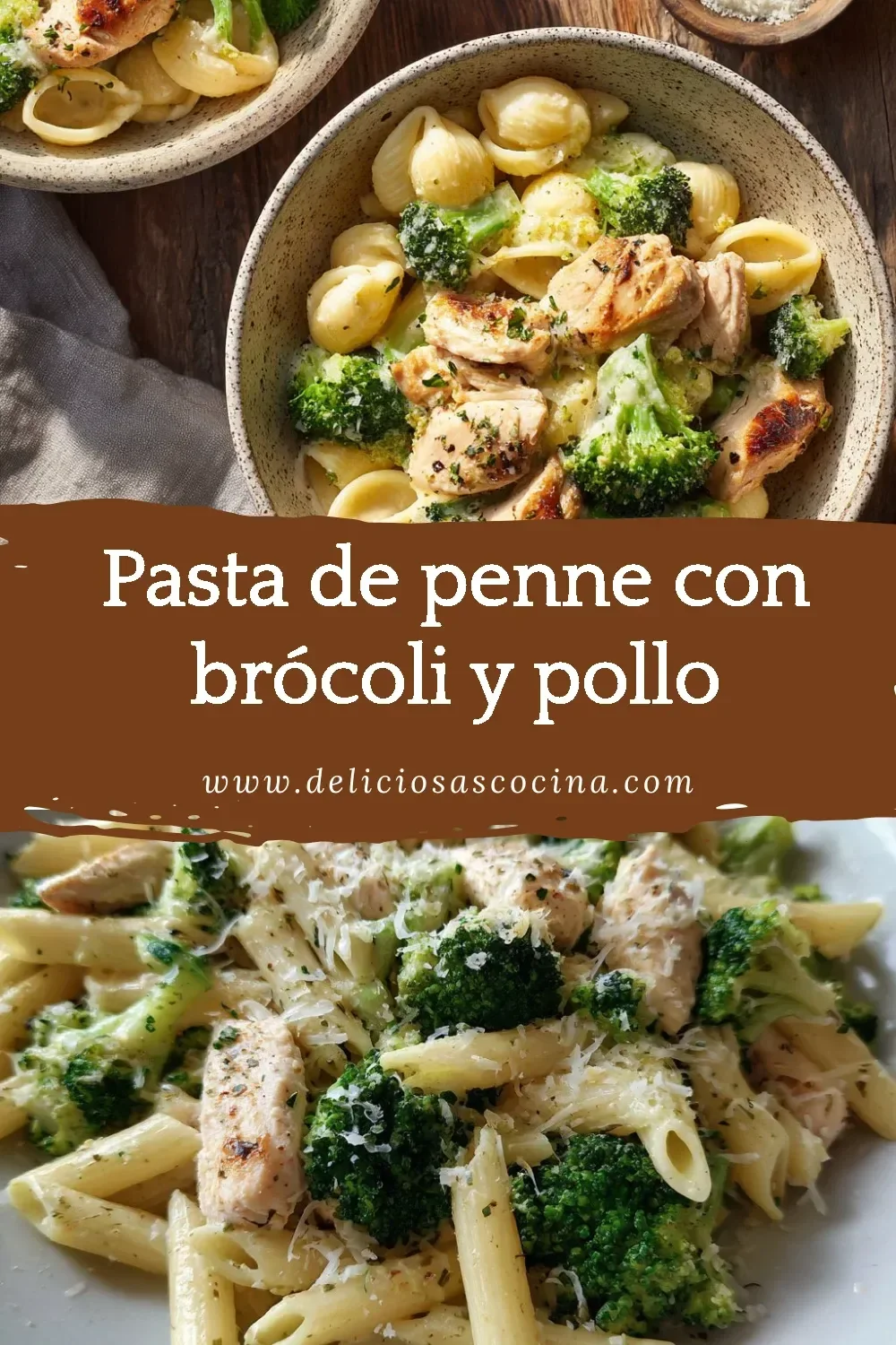 Pasta de penne con brócoli y pollo en un plato atractivo.