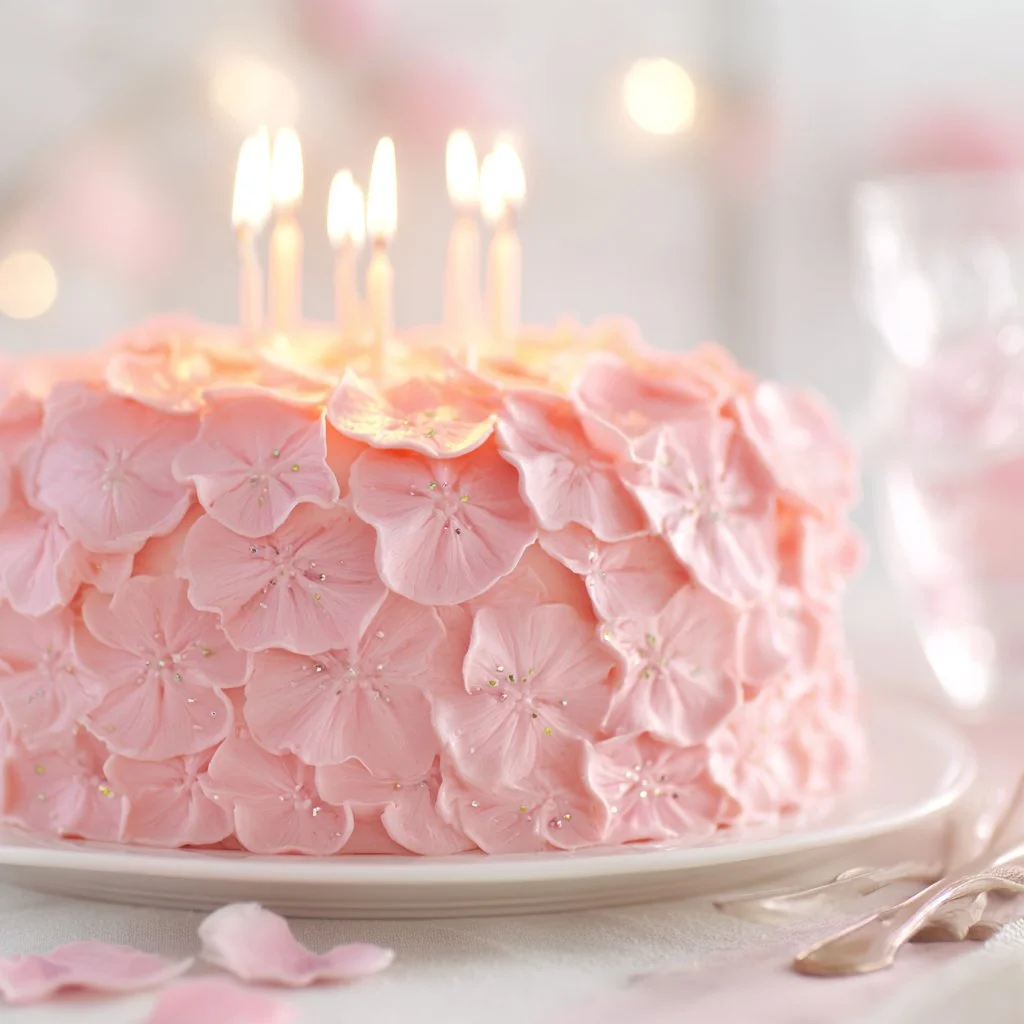 Pastel con rosas y velas ondulantes decorando una mesa festiva elegante.